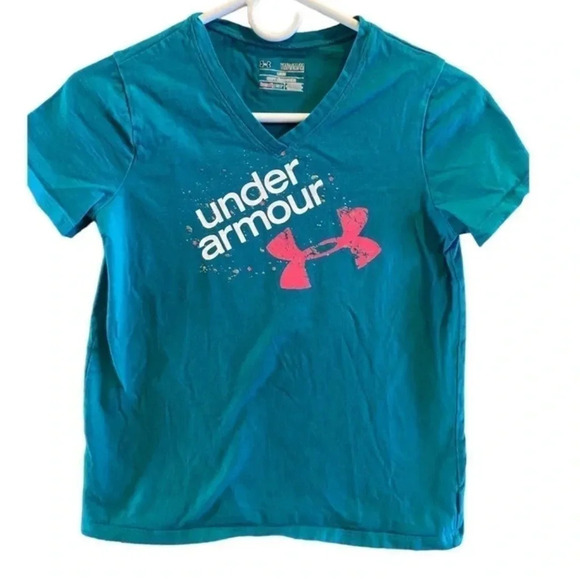 UNDER ARMOUR GIRLS BLUE SHORT SLEEVE HEATGEAR TOP SHIRT TSHIRT SIZE YM MEDIUM - Picture 2 of 3